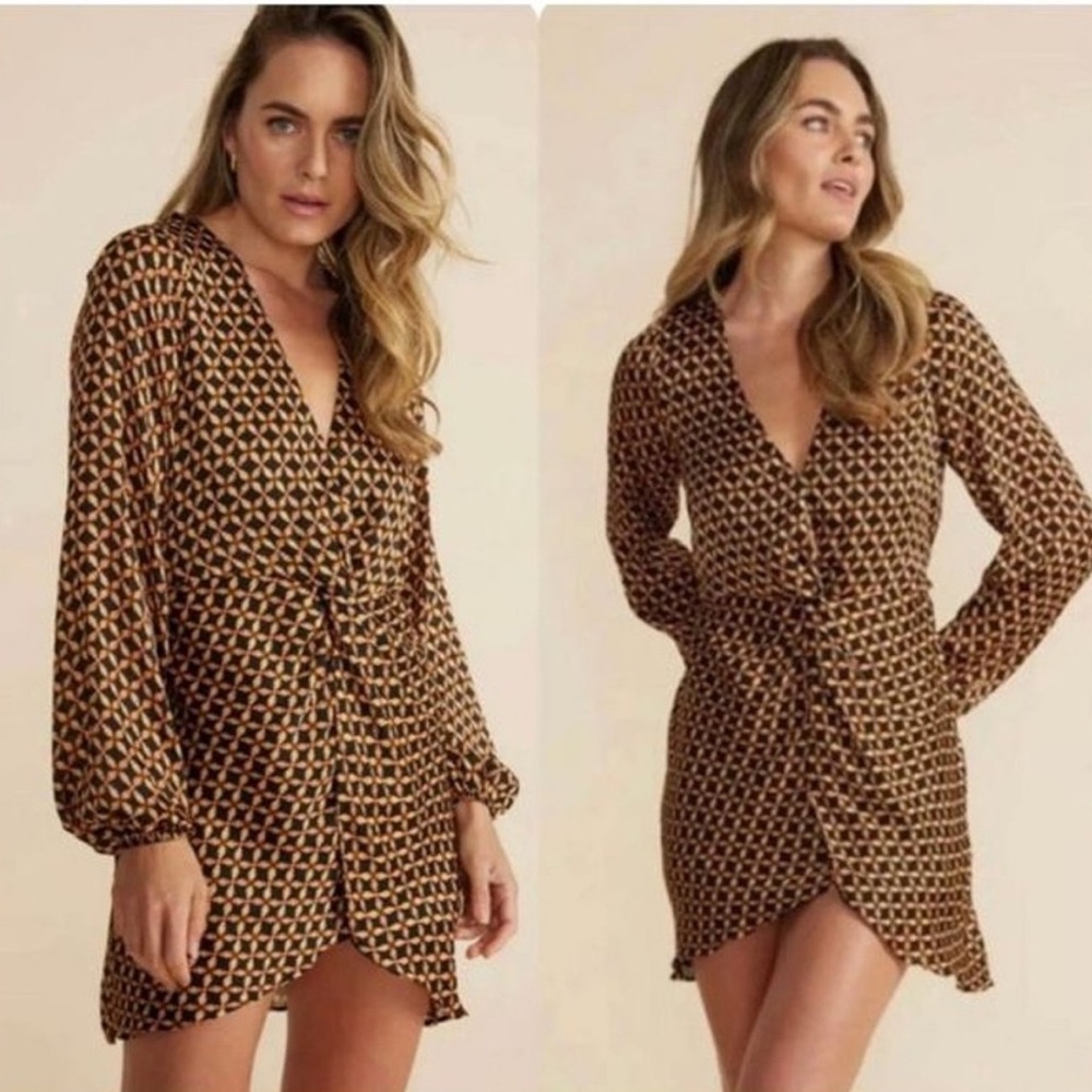 MINK PINK BY UO VALENTINA PATTERNED V-NECK LONG SLEEVES MINI DRESS SIZE Large
